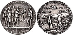 Commemorative medal issued in 1929 in Germany on the occasion of the 10th anniversary of the Treaty of Versailles. The obverse depicts Georges Clemenceau presenting a bound treaty, decorated with skull and crossbones to Ulrich von Brockdorff-Rantzau. Other members of the Conference are standing behind Clemenceau, including Lloyd-George, Wilson and Orlando.
