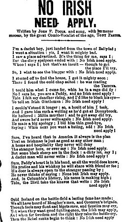 1862 song that used the "No Irish Need Apply" slogan. It was copied from a similar London song.[273]