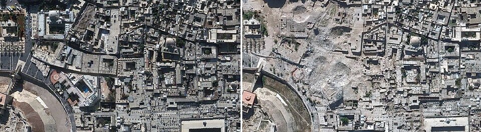 Side-by-side satellite image of Aleppo, 2010 and 2014, showing destruction of the mosque complex, top right. (Source: US Department of State, Humanitarian Information Unit, 2014.)