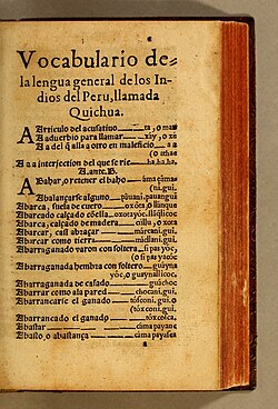 Vocabulary of the general language of the Indians of Peru, called Quichua (1560). From Domingo de Santo Tomás, the first writer in Quechua.