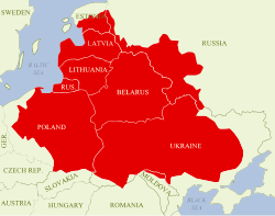 The Polish–Lithuanian Commonwealth at its largest extent; modern-day boundaries are also shown.