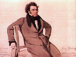 Watercolour of Franz Schubert, who is known for using three-key expositions