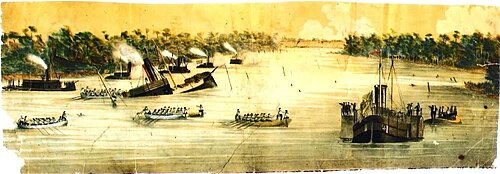 The 1,000 ton Brazilian ironclad Rio de Janeiro sunk by a Paraguayan mine at Curuzú, 1,200 km from the nearest ocean