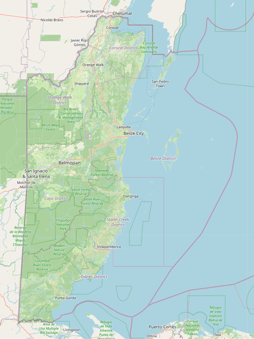 OpenStreetMap map of Belize, showing landcover, protected areas, major cities and administrative divisions