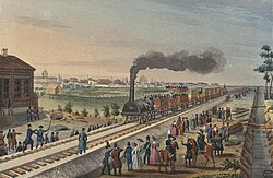 Watercolor-tinted lithgraph, from the 1840s, depicting the arrival of the first Tsarskoye Selo Railway train at Tsarskoye Selo from St. Petersburg on 30 October 1837