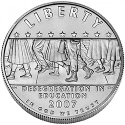 The obverse of the 2007 Little Rock Central High School Desegregation silver dollar designed by Richard Alan Masters