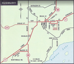 Before construction of the bypasses, Highway 17 travelled through downtown Sudbury. Pictured is the 1965 Ontario Road Map.