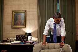 Obama talking on the phone with South Korea President Lee Myung-bak following an artillery attack by North Korea on Yeonpyeong on November 23, 2010