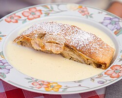 Apple strudel, served with vanilla sauce, in Tirol Austria