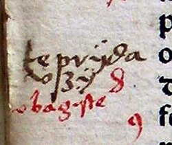 The earliest known Lithuanian glosses (between 1520 and 1530) written in the margins of Johann Herolt book Liber Discipuli de eruditione Christifidelium. Words: teprÿdav[ſ]ʒÿ (let it strike), vbagÿſte (indigence).