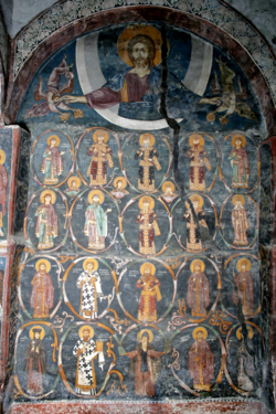 Medieval fresco from Serbian Orthodox Patriarchate of Peć monastery depicting the family tree of the Nemanjić dynasty, the leading dynasty of medieval Serbia.