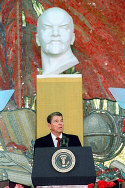 President Ronald Reagan giving a speech at Moscow State University in the USSR, 1988