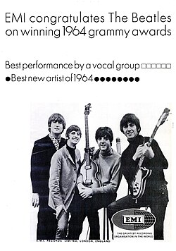 Trade ad of congratulations to the Beatles for their 1964 Grammys
