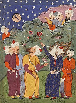 Splitting of the Moon, Muhammad with hidden face. 16th-century falnama. A possible idiom, Surah Al-Qamar 54:1–2 also mentioned in Imru' al-Qais poems,[240] was understood as the physical disintegration and supported by hadiths[241] despite the Quran itself denies[242][135] miracles, in the traditional sense.[ab]