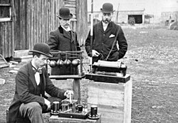 Post Office Engineers inspect the Marconi Company's equipment at Flat Holm in the Bristol Channel, May 1897.