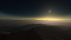 Simulated solar eclipse with a still illuminated and refracting horizon, as well as the coronal streamers