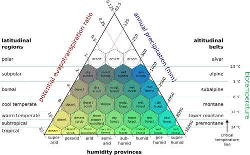 Holdridge life zone classification scheme. Although conceived as three-dimensional by its originator, it is usually shown as a two-dimensional array of hexagons in a triangular frame.