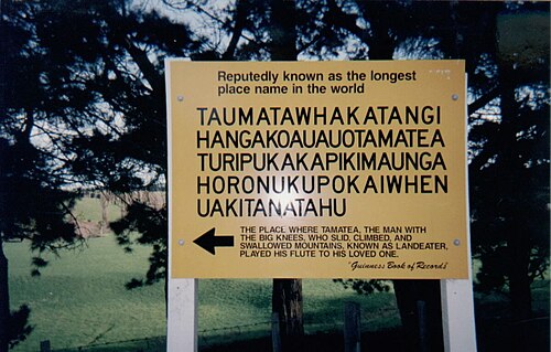 Sign of a New Zealand hill with an unusually long one-word name: Taumatawhakatangihangakoauauotamateaturipukakapikimaungahoronukupokaiwhenuakitanatahu (85 characters)