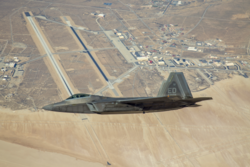 An F-22 Raptor assigned to the 411th Flight Test Squadron flies over Edwards Air Force Base, California, in 2018.