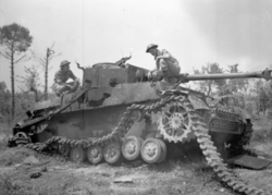 Troops of the 5th Canadian Armoured Division examining a knocked out German Panzer IV tank on the road to Rome, 26 May 1944
