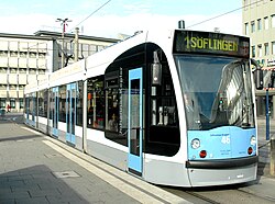 Combino tram outside Ulm Hauptbahnhof.