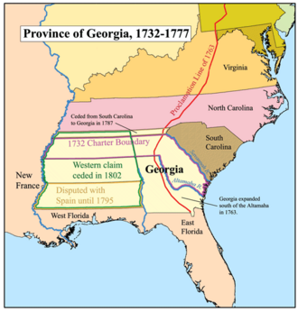 Map of the Southern Colonies, with the Proclamation Line of 1763 shown in red