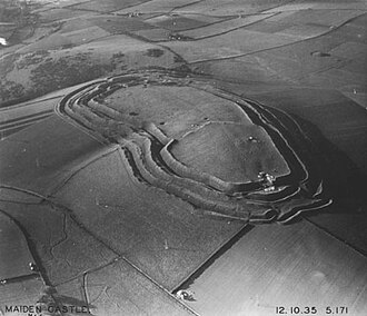 Maiden Castle, Dorset, England. More than 2,000 Iron Age hillforts are known in Britain.