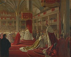 The Crown Princess of Prussia paying homage to her father-in-law at his coronation on 18 October 1861 in the Schlosskirche in Königsberg. Detail of painting by George Housman Thomas, 1861.