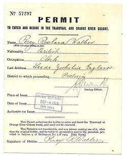 1903 British issued Orange River Colony permit following the Second Boer War.
