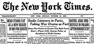 The New York Times headline from October 31, 1938