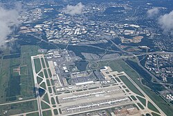 Aerial view of Dulles International Airport in Dulles in August 2024