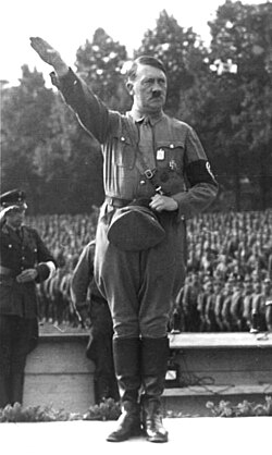Adolf Hitler at a German Nazi political rally in Nuremberg, August 1933