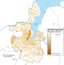 Image showing the population density of Kiel by district as of 2010