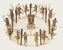 Secotan Indians' dance in North Carolina. Watercolor by John White, 1585.