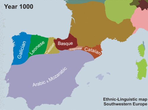 Map showing the linguistic evolution of the Iberian Peninsula between 1000 and 2000. The Galician–Portuguese language is shown in blue.