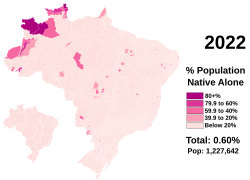 Proportion of Native Brazilians in each department in 2022.