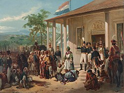 An 1835 painting illustrating the submission of Prince Diponegoro to General De Kock at the end of the Java War in 1830
