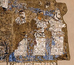 Ambassadors from Chaganian (central figure, inscription of the neck), and Chach (modern Tashkent) to king Varkhuman of Samarkand. 648-651 CE, Afrasiyab murals, Samarkand.[25][26]