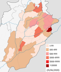 Map of COVID-19 cases in Punjab, Pakistan in June 2020.