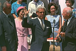 Goldberg being sworn in as UN ambassador by Justice Hugo Black, July 26, 1965. Lyndon Johnson (left) looks on.