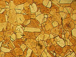 Microstructure of rolled and annealed brass (400× magnification)