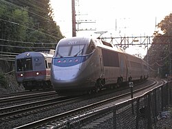 An Acela Express train going to New York. The Acela Express, operated by Amtrak through the Northeast Corridor, is the sole high-speed rail service in the country.