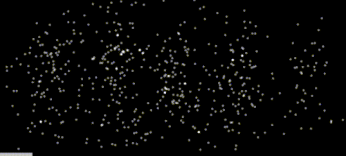 Matter wave double slit diffraction pattern building up electron by electron. Each white dot represents a single electron hitting a detector; with a statistically large number of electrons, interference fringes appear.[16]