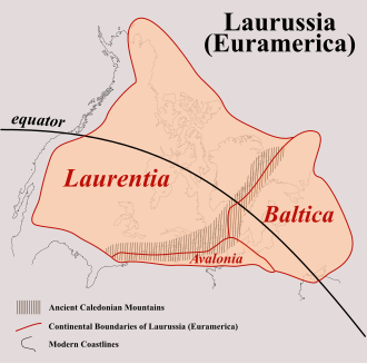 Continental boundary of Laurussia (Euramerica) and its constituents, superimposed onto modern coastlines