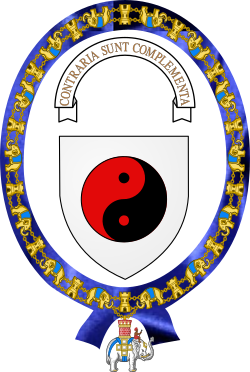 Bohr's coat of arms, 1947. Argent, a taijitu (yin-yang symbol) Gules and Sable. Motto: Contraria sunt complementa ("opposites are complementary")[148]