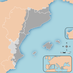 Catalan-speaking lands of Europe (grey), often known as the Catalan Countries