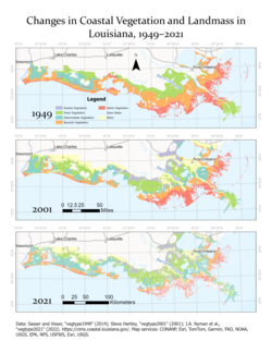 Map of coastal loss, 1949–2021