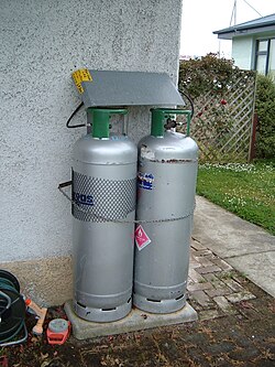 Two 45 kg (99 lb) LPG gas cylinders in New Zealand used for domestic supply