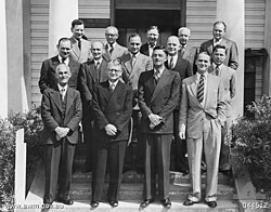 Odgers (second row, third from the left) with the other authors of Australia in the War of 1939–1945 in 1954