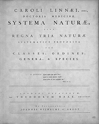 The title page of Systema Naturae, Leiden (1735)